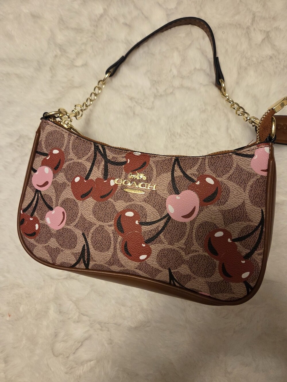 COACH Cherry Print Shoulder Bag in Brown, Pink, Red
